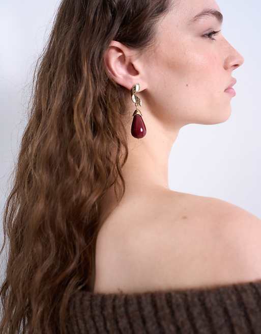 Topshop Blake spiral studd earrings with stone in gold and burgundy