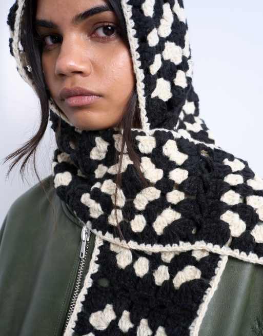 Topshop Crochet Balaclava In Black & Cream