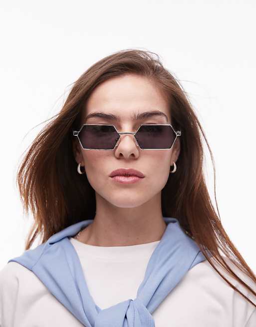 Topshop Fiji rectangular metal sunglasses in silver
