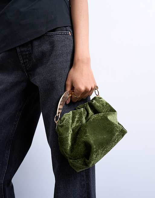 Topshop Gabriette Velvet Metal Trim Handle Grab Bag In Khaki