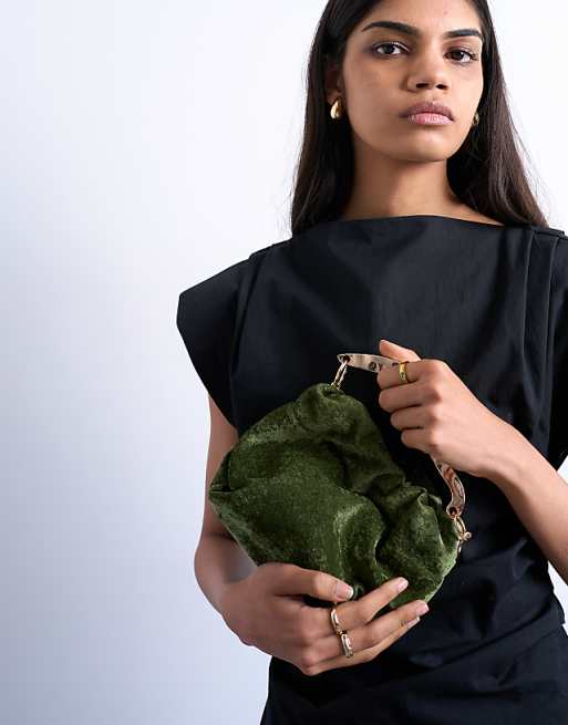 Topshop Gabriette velvet metal trim handle grab bag in khaki