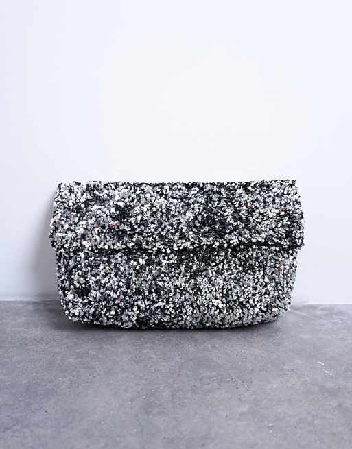 Topshop Georgia Folded Clutch Grab Sequin Bag In Silver