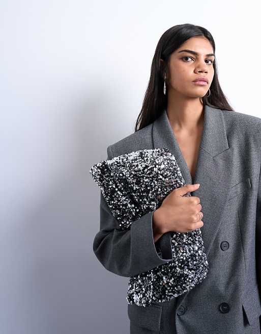 Topshop Georgia Folded Clutch Grab Sequin Bag In Silver