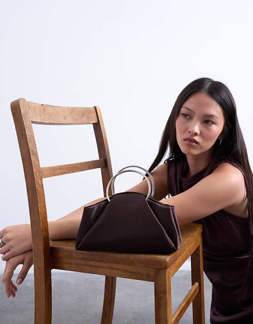 Topshop Ginny Metal Handle Grab Bag In Chocolate