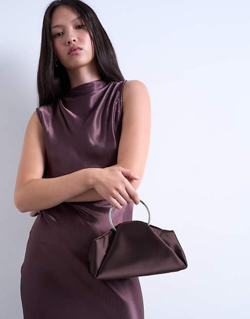 Topshop Ginny metal handle grab bag in chocolate