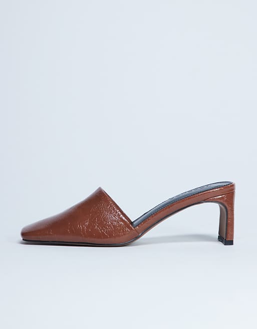 Topshop Idea Patent Square Toe Mule In Chocolate