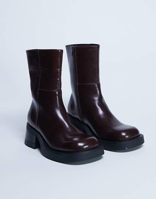 Topshop Nina Chunky Heeled Ankle Boot In Chocolate