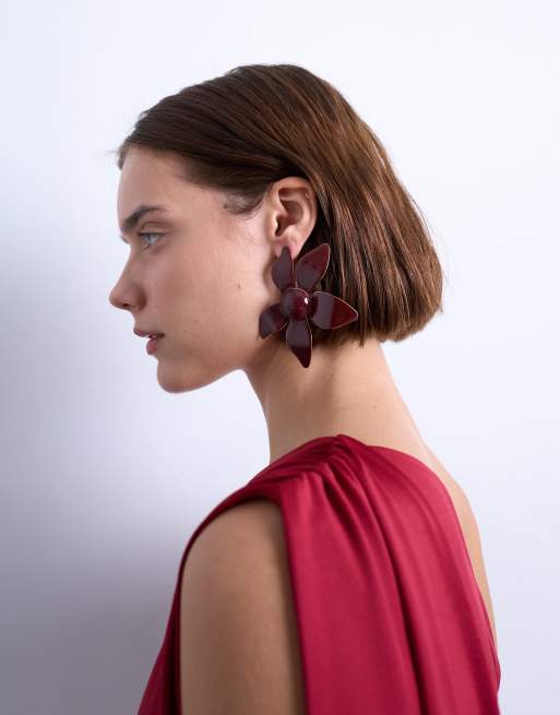 Topshop Petal Flower Earrings In Burgundy
