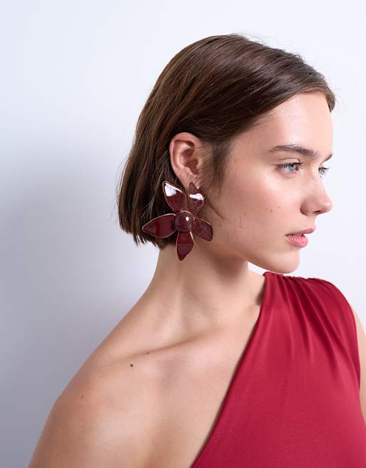 Topshop Petal flower earrings in burgundy