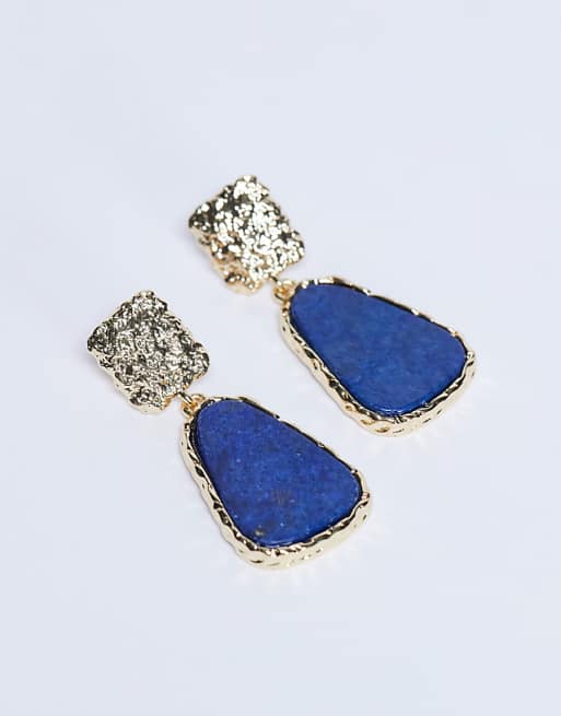 Topshop Prince textured stud earring with stone in gold and cobalt