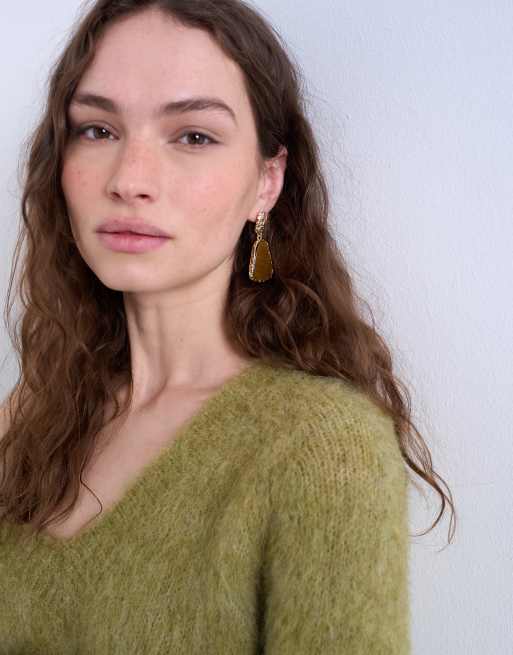 Topshop Prince Textured Stud Earring With Tiger Stone In Gold And Brown