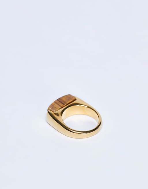 Topshop Raquel Stainless Steel Tiger Stone Ring In Gold