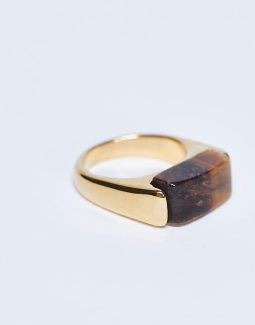 Topshop Raquel Stainless Steel Tiger Stone Ring In Gold