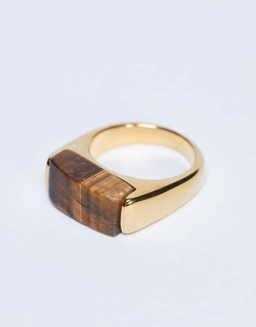 Topshop Raquel Stainless Steel Tiger Stone Ring In Gold