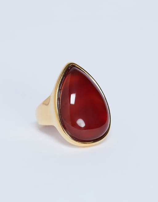 Topshop Remi waterproof stainless steel ring with semi precious stone in gold and burnt orange