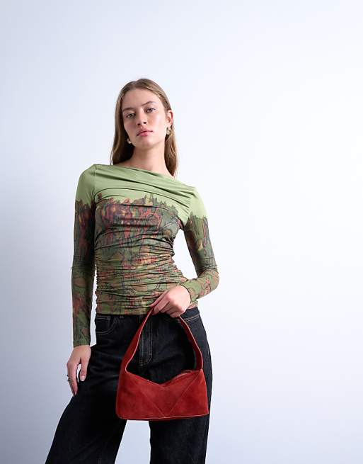 Topshop Safia Real Suede Shoulder Bag In Rust