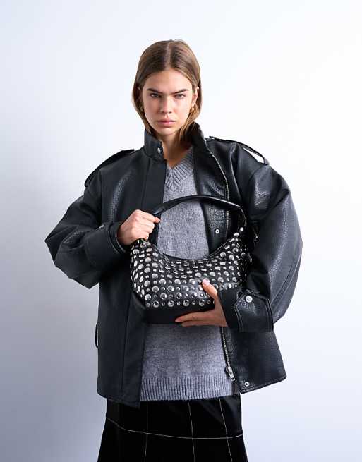 Topshop Samantha Studded Shoulder Bag In Black