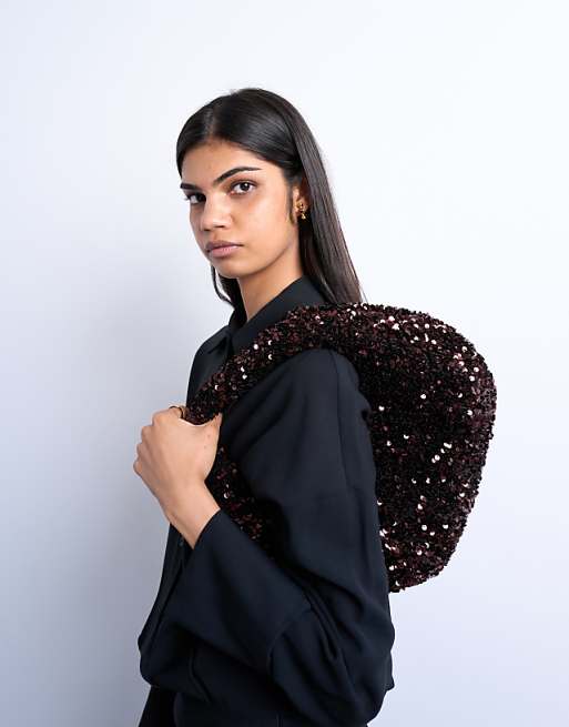 Topshop Santana Scoop Sequin Shoulder Bag In Chocolate