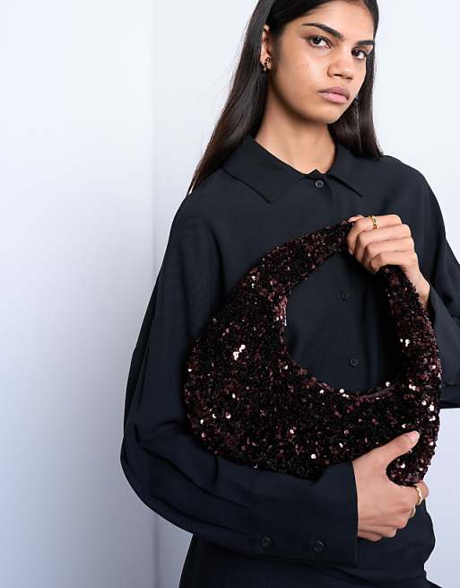 Topshop Santana Scoop Sequin Shoulder Bag In Chocolate
