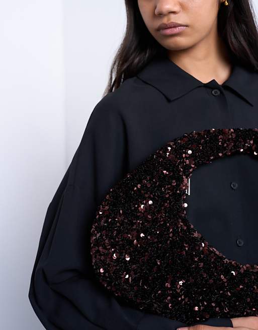 Topshop Santana Scoop Sequin Shoulder Bag In Chocolate