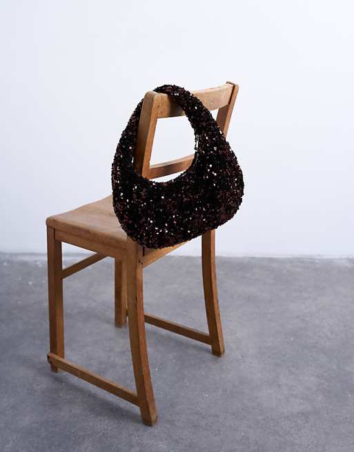 Topshop Santana scoop sequin shoulder bag in chocolate
