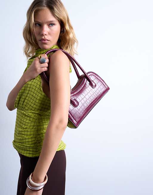 Topshop Simba Structured Shoulder Bag In Burgundy Croc
