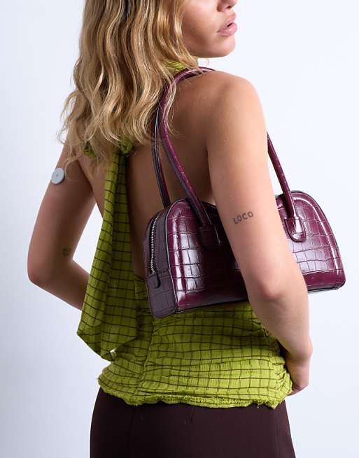 Topshop Simba Structured Shoulder Bag In Burgundy Croc