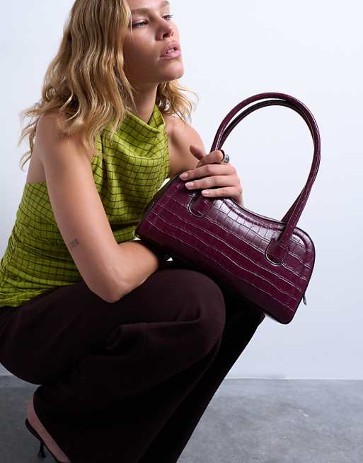 Topshop Simba structured shoulder bag in burgundy croc