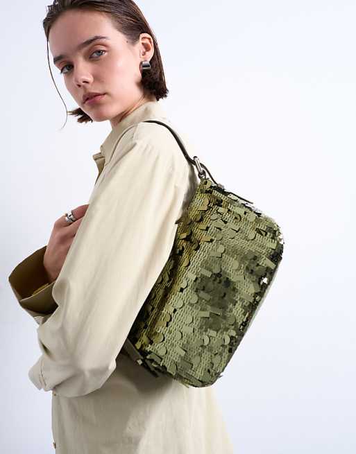 Topshop Sol Shoulder Sequin Bag With Leather Handle In Khaki