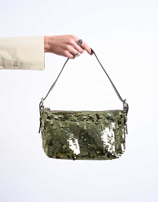 Topshop Sol Shoulder Sequin Bag With Leather Handle In Khaki