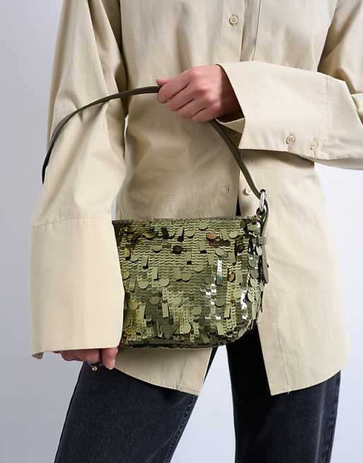 Topshop Sol Shoulder Sequin Bag With Leather Handle In Khaki