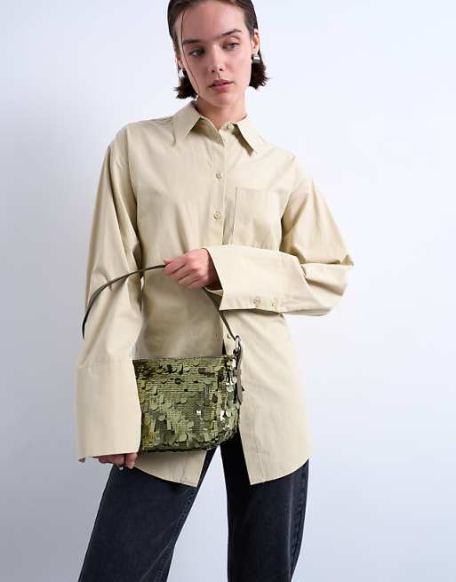 Topshop Sol shoulder sequin bag with leather handle in khaki