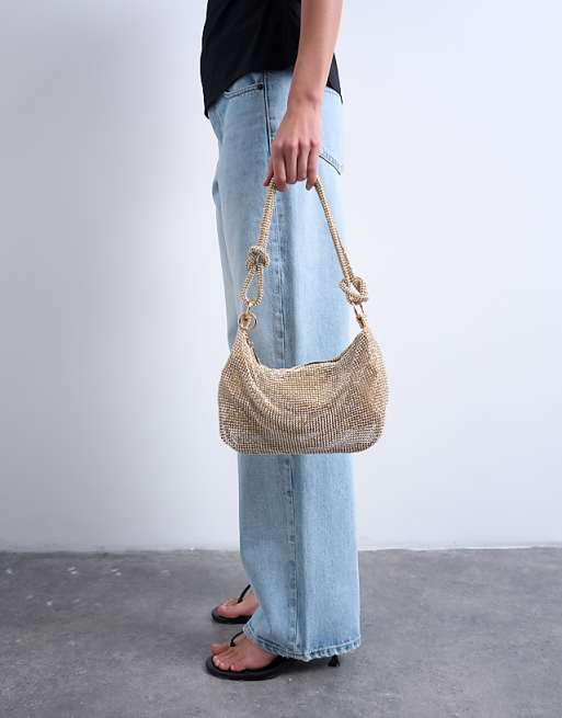 Topshop Sparkles Diamante Shoulder Bag In Gold