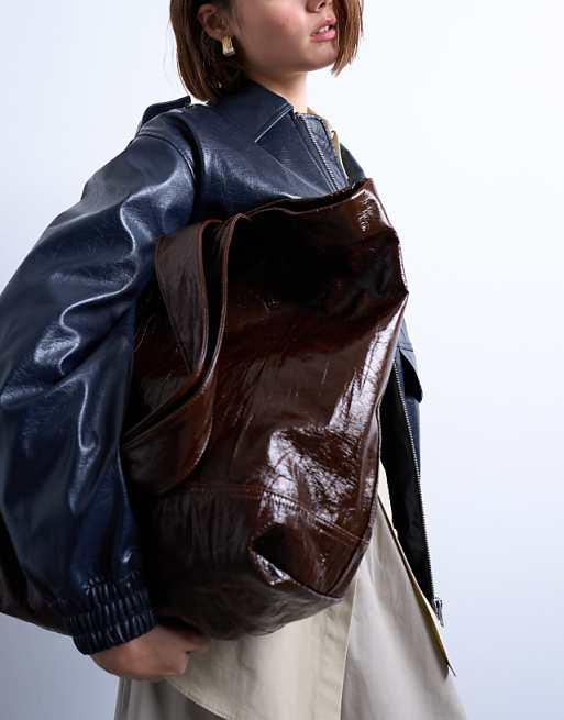 Topshop Troy Crinkle Tote Bag In Chocolate