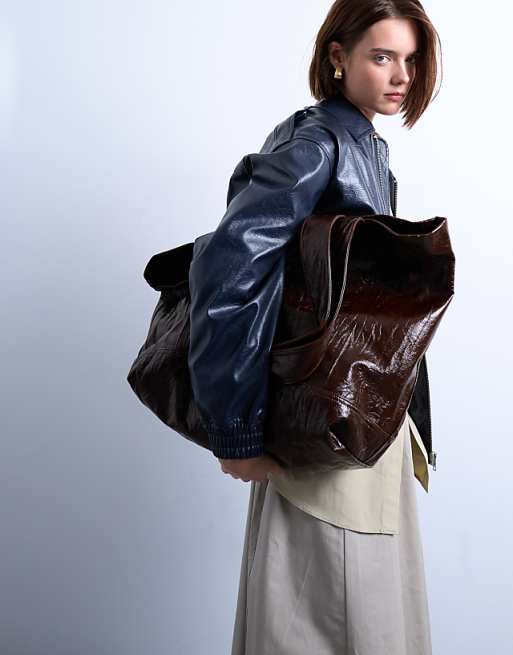 Topshop Troy crinkle tote bag in chocolate