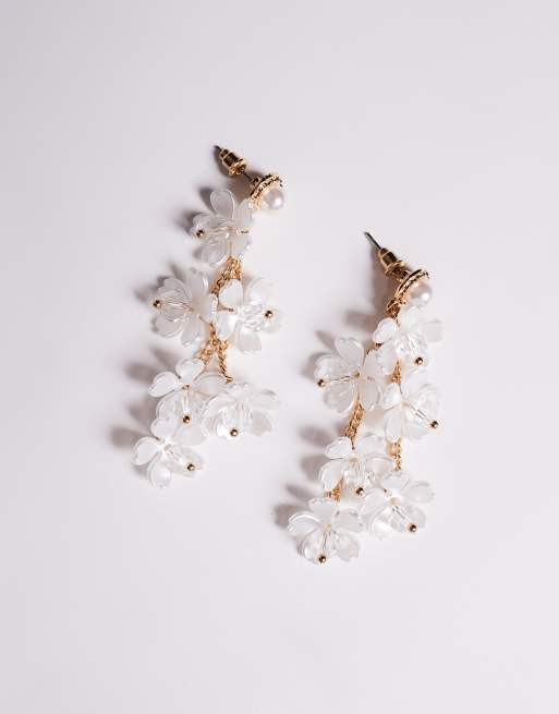 True Decadence Pearl Flower Drop Earrings In White And Gold