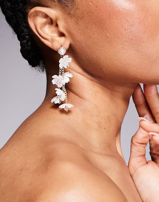 True Decadence pearl flower drop earrings in white and gold