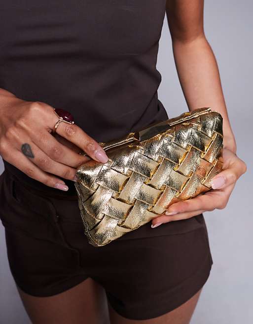 True Decadence Structured Woven Clutch Bag In Gold Metallic