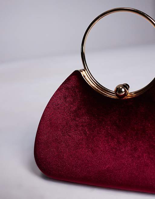 True Decadence Velvet Clutch Bag With Detachable Crossbody Strap In Burgundy And Gold