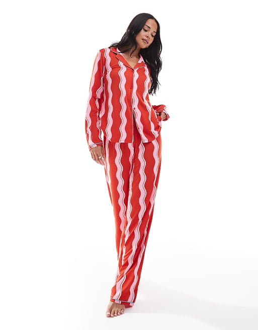 Urban Threads Christmas long sleeve revere and trouser pyjama set in wavy red stripe