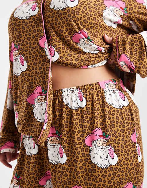 Urban Threads Curve Christmas Santa Leopard Print Pyjama Set In Brown