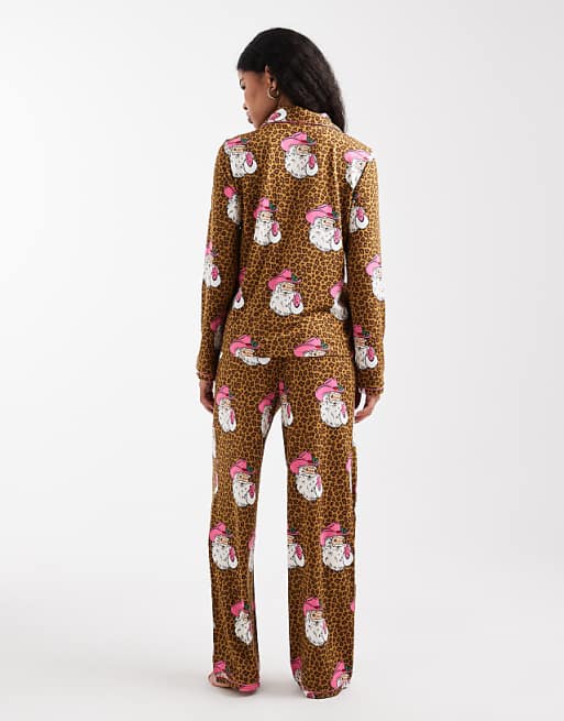 Urban Threads Petite Christmas Santa Leopard Print Pyjama Set In Brown