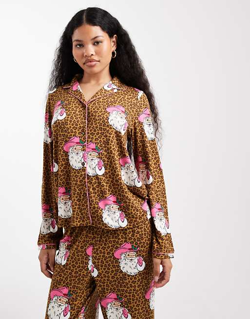 Urban Threads Petite Christmas Santa Leopard Print Pyjama Set In Brown
