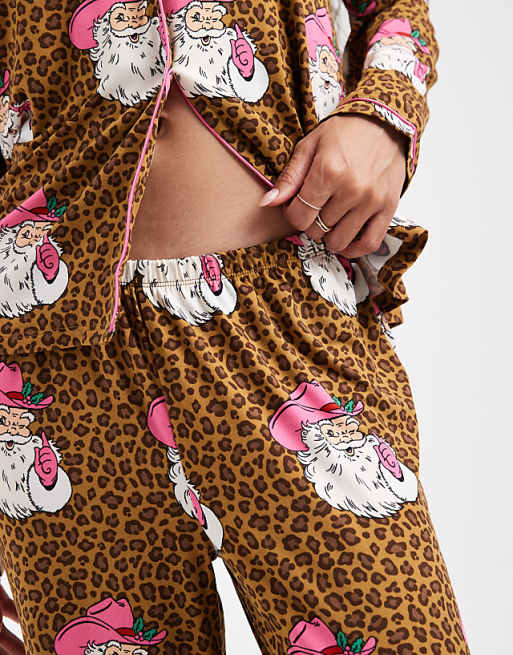 Urban Threads Petite Christmas Santa Leopard Print Pyjama Set In Brown
