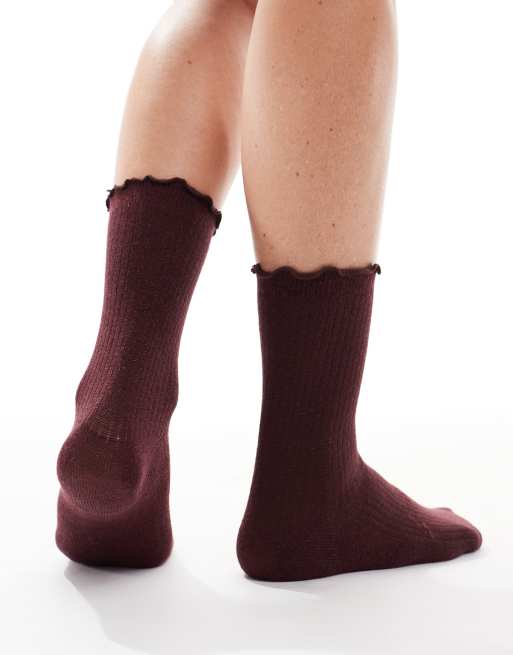 Vero Moda Glitter Sock With Frill Edge In Burgundy