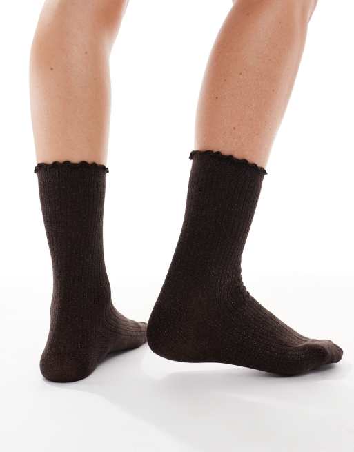 Vero Moda Glitter Sock With Frill Edge In Chocolate Brown