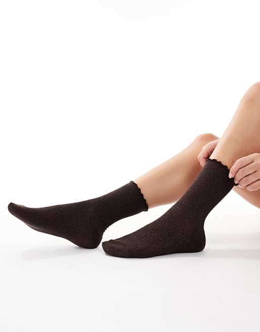 Vero Moda glitter sock with frill edge in chocolate brown