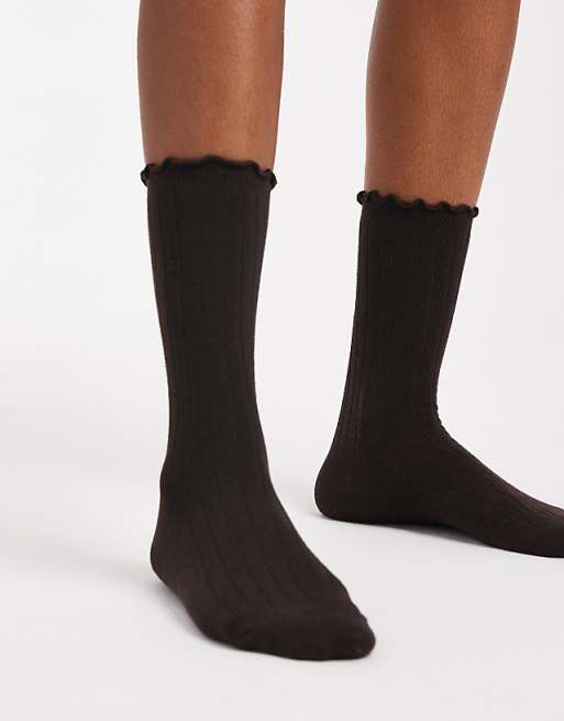 Vero Moda ribbed frill socks in chocolate