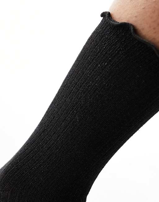 Vero Moda Ribbed Glitter Sock With Frill Edge In Black