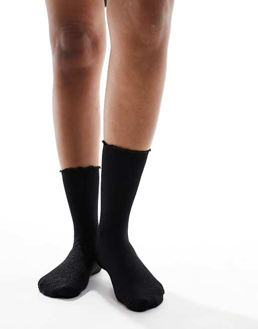 Vero Moda Ribbed Glitter Sock With Frill Edge In Black